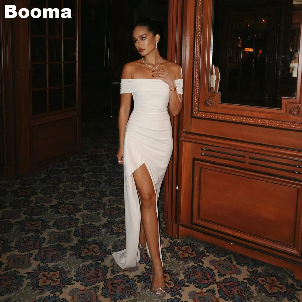 

Booma Sexy Long Mermaid Wedding Dresses Boat Neck Pleated Brides Gowns High Leg Slit Simple Women's Evening Dresses with Train