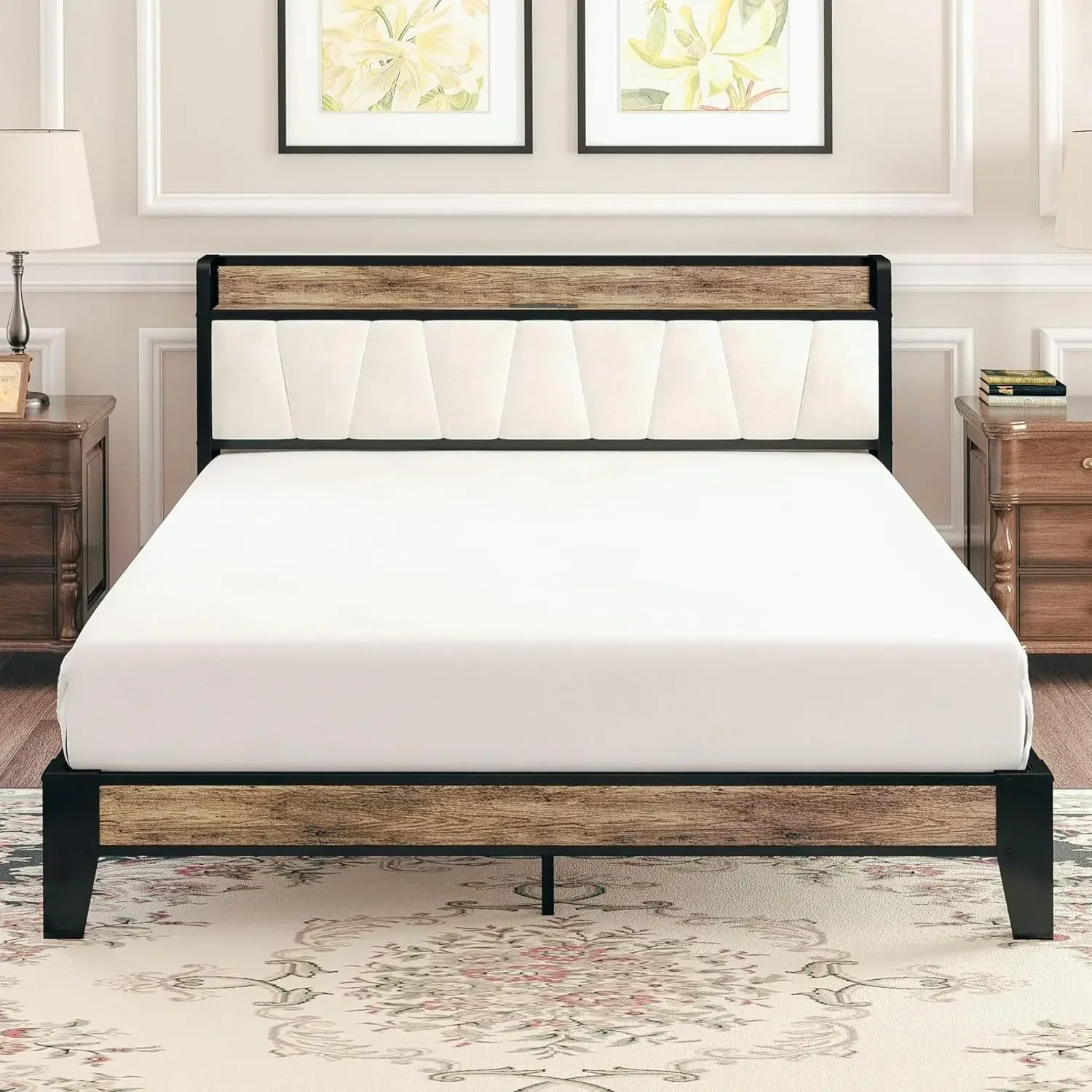 Full Size Bed Frame, Storage Headboard with Charging Station, Solid and Stable, Noise Free, No Box Spring Needed, Easy Assembly