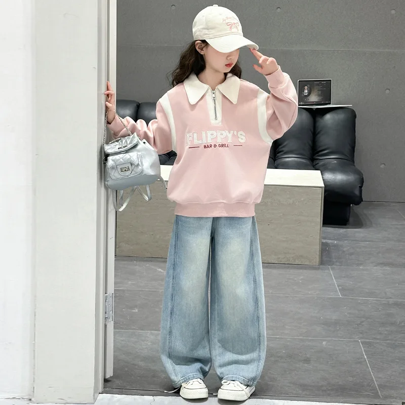 

2025 Autumn Korean Kids Girls Two-piece Outfit Children Girls Letter Printed Half Zipper Sweatshirt 4-14Y Girls Denim Pant