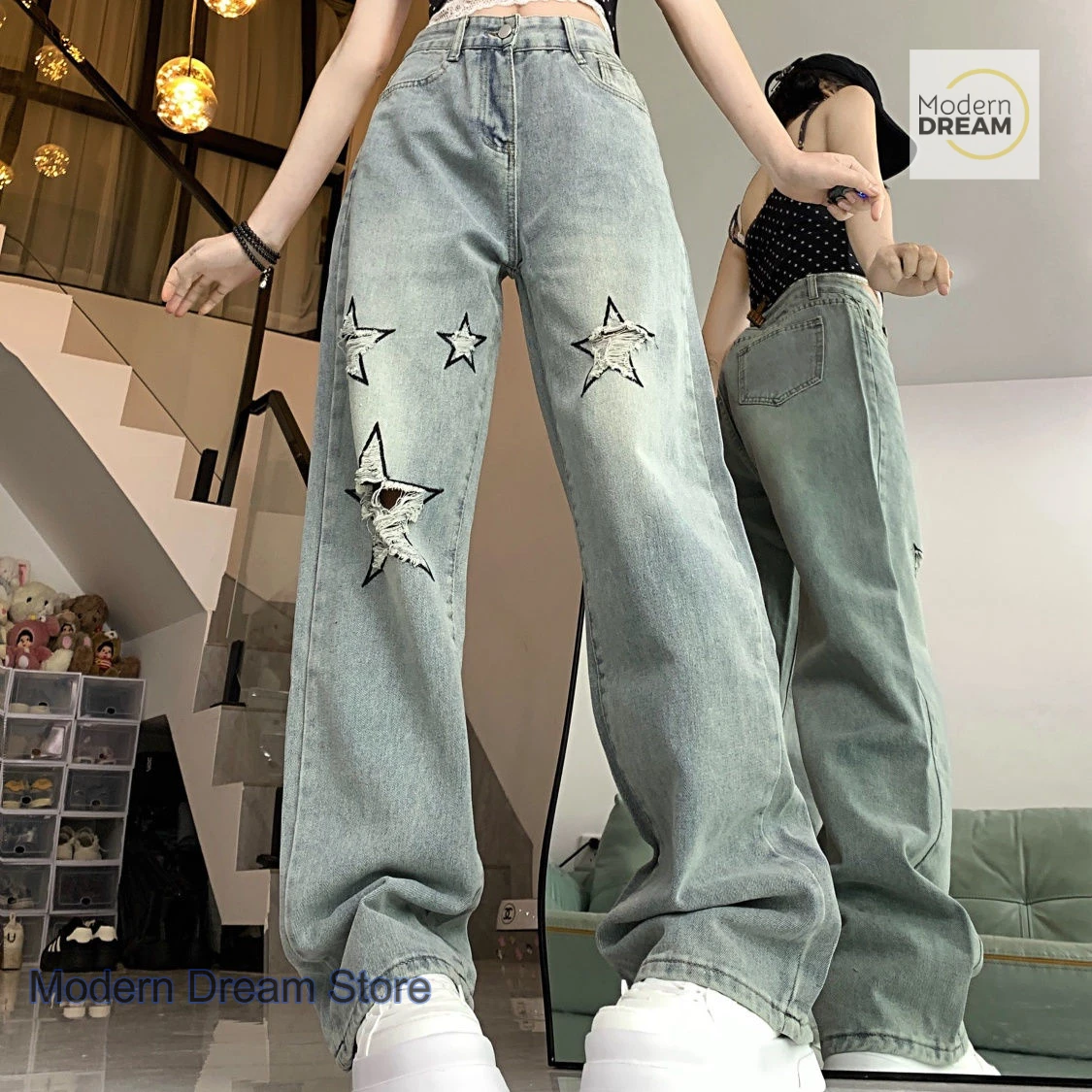 

Korean star pattern embroidery worn jeans women's new high waist and loose light narrow straight wide-leg pants in summer