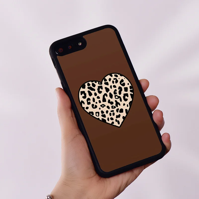 Wildflower Silicone Rubber Phone Case Cover for iPhone 6 6S 7 8 Plus X XS XR 11 12 13 14 15 Mini Pro Max Brown Leopard Heart