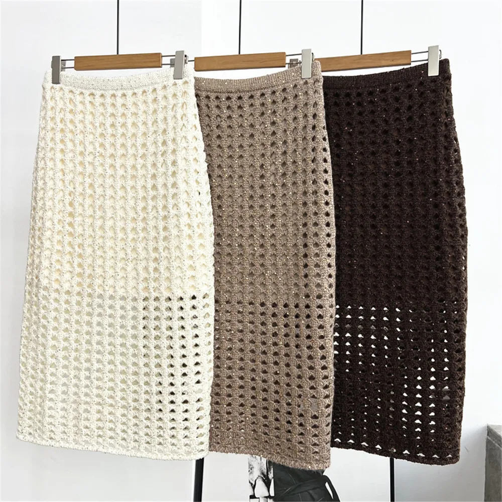 

25 Early Autumn Women's High Waisted Zipper Straight Tube Slim Fit Hollow Sequin Lined Knitted Skirt