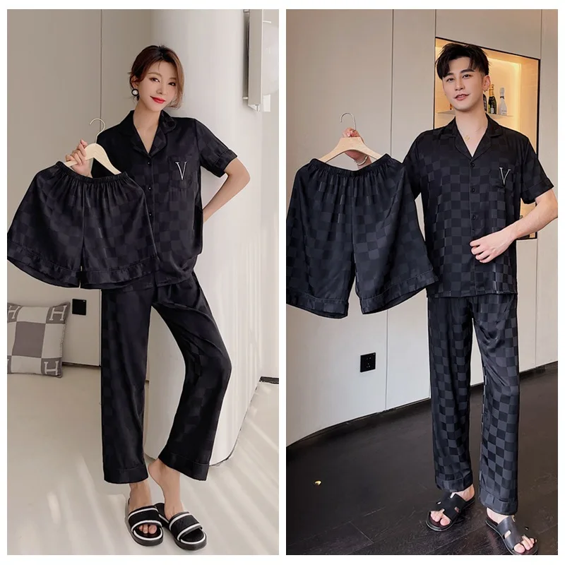 

3Pcs Couple Pajama Houndstooth Ice Silk Homewear Lovers Sleep Suit Nightwear Short Sleeve Sleepwear Home Clothes Three-Piece Set