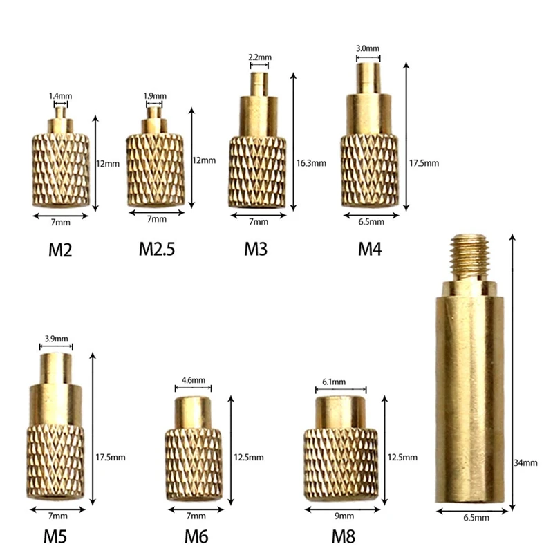 Tuerca de inserción térmica Punta de hierro T12 Punta de soldador Inserto Punta de rosca interna M2-M8 Kit de inserción de tuerca caliente de latón-A22G