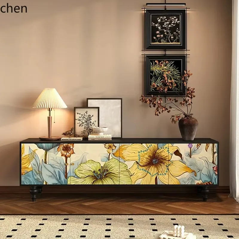 Solid Wood Retro TV Cabinet Storage Integrated Painted Living Room Bedroom Display Cabinet Floor CabinetL7