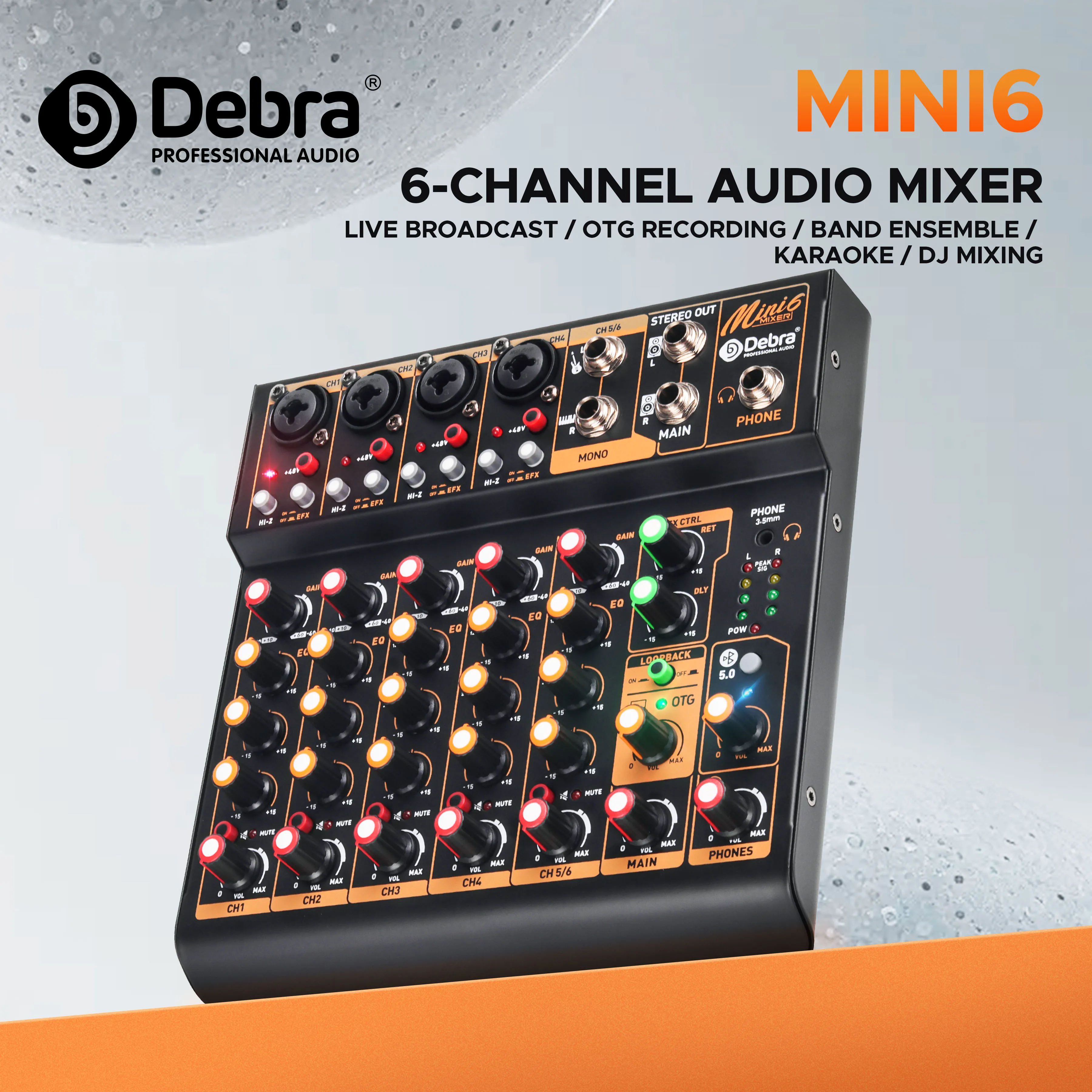 Debra OTG Metal Audio Mixer DJ Console Mini6 With Bluetooth 48V Power Delay Repaeat Effect For Sound Mixing Console PC Recording