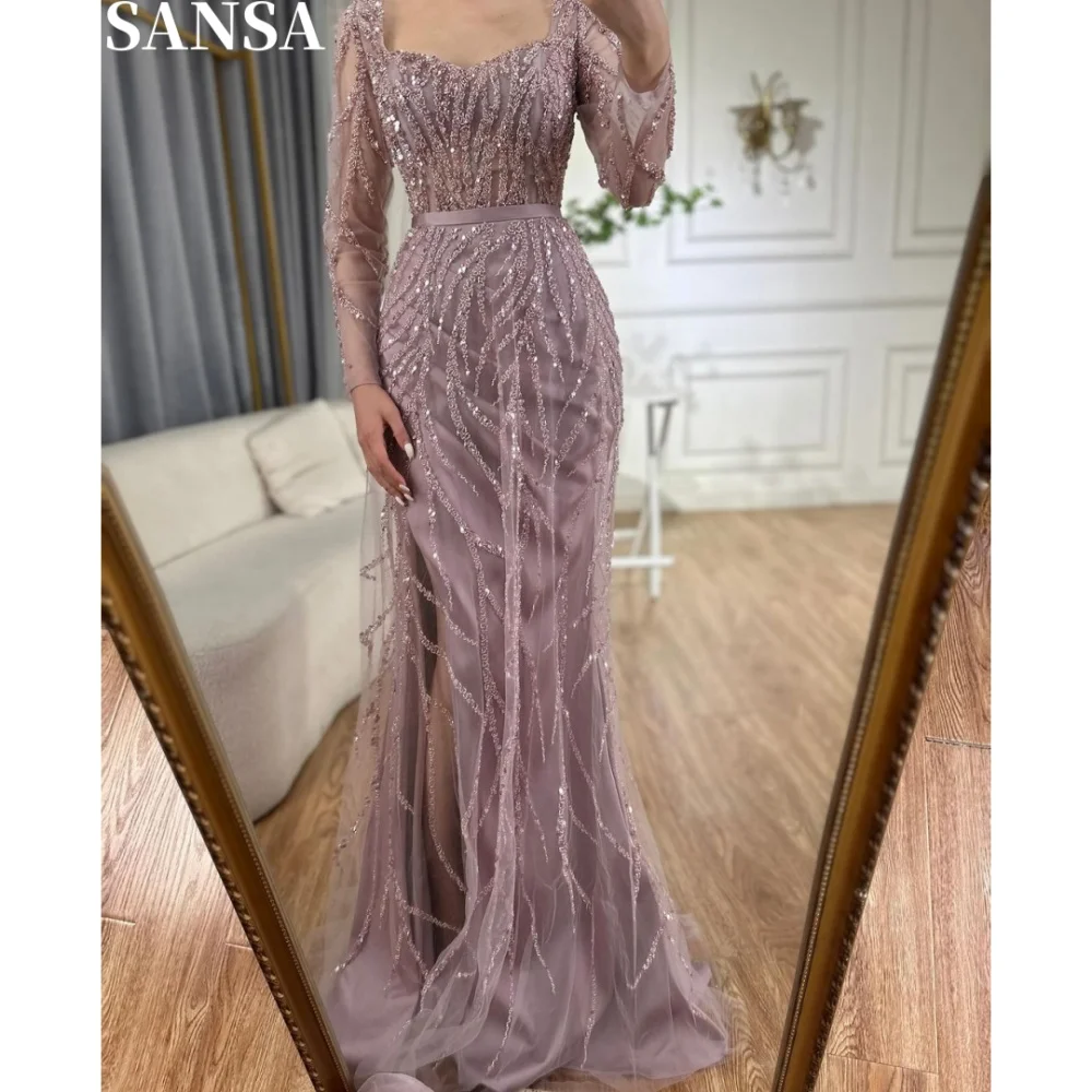 Sansa Elegant Beading A-line Lace Porm Dress Customized Floor-Length Wedding Dresses Long Sleeve Side Splite Vestidos De Fiesta