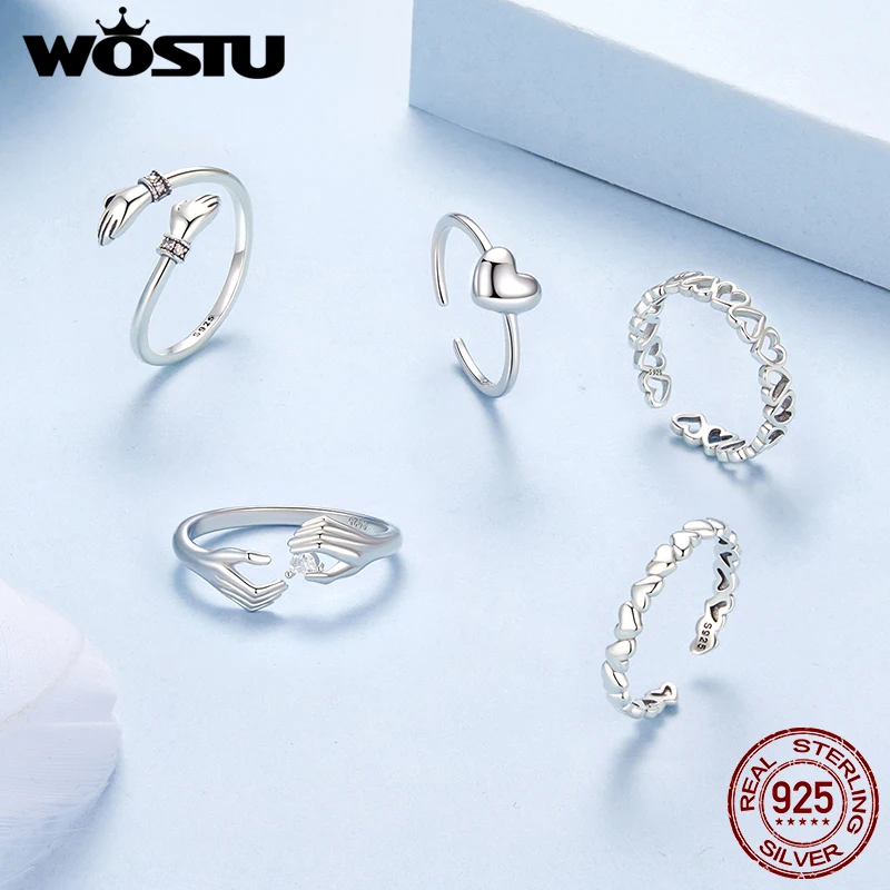 WOSTU 925 Sterling Silver Oxidized Heart Ring Hug Ring Adjustable for Women Fine Jewelry Party Dating Daily Gift Size 6-9