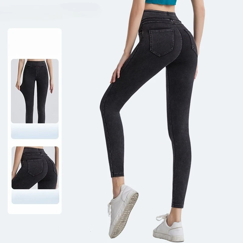

High-waisted Imitation Jeans For Women, Tight And Thin, Hips, Abdomen, Elastic Outer Wear, Double Pockets, Fitness Casual Pants