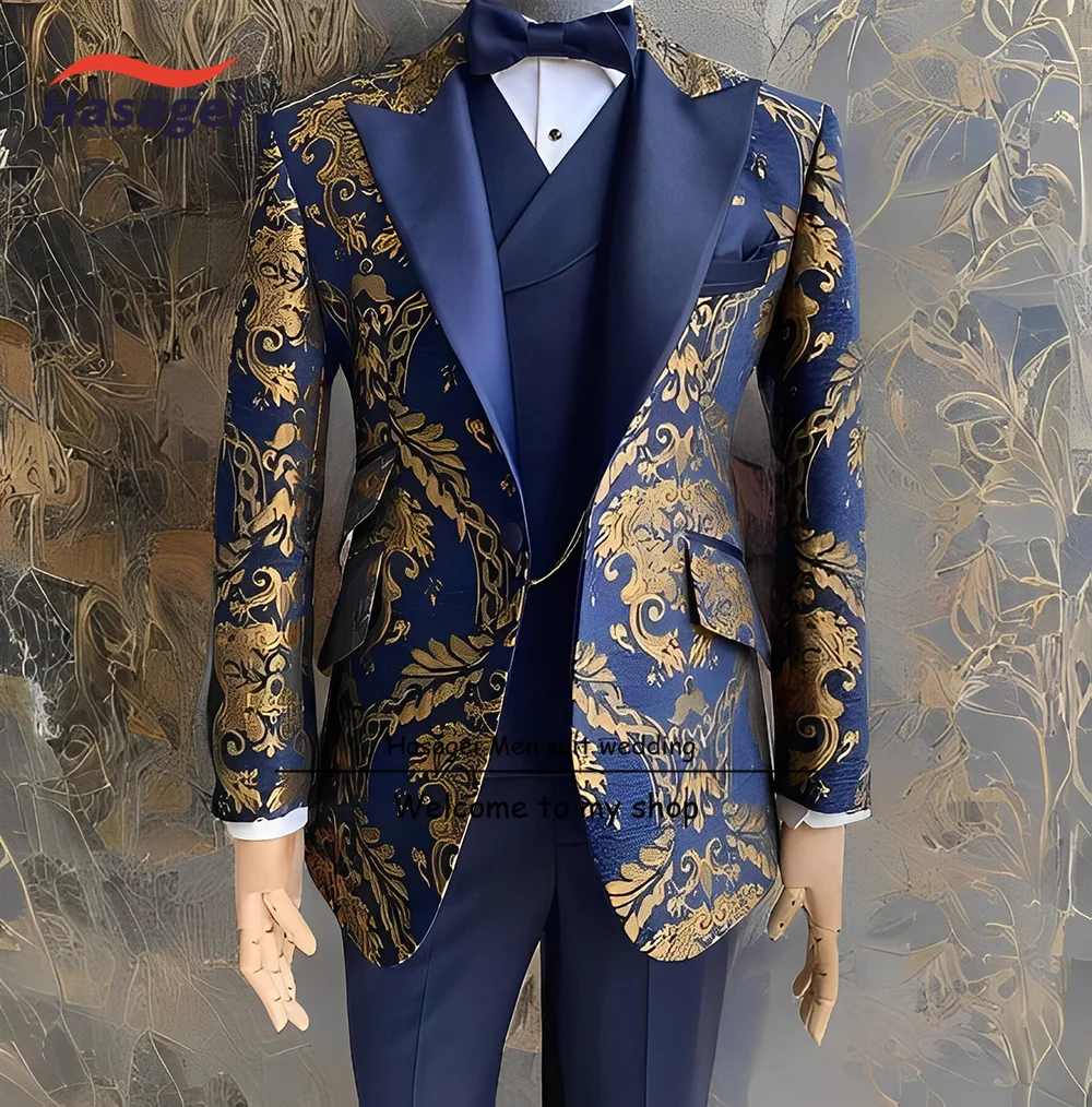 

Navy Blue Men's Suit Wedding Tuxedo Embroidered Jacket Pants Vest Bow Tie 4-piece Set Formal Party Outfit