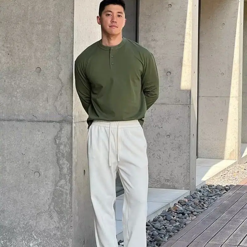 

Casual Solid Color Print Men's Henry Shirt Fashion Loose Long Sleeve T-shirt Henry Collar Button Tops Spring and Autumn Clothes