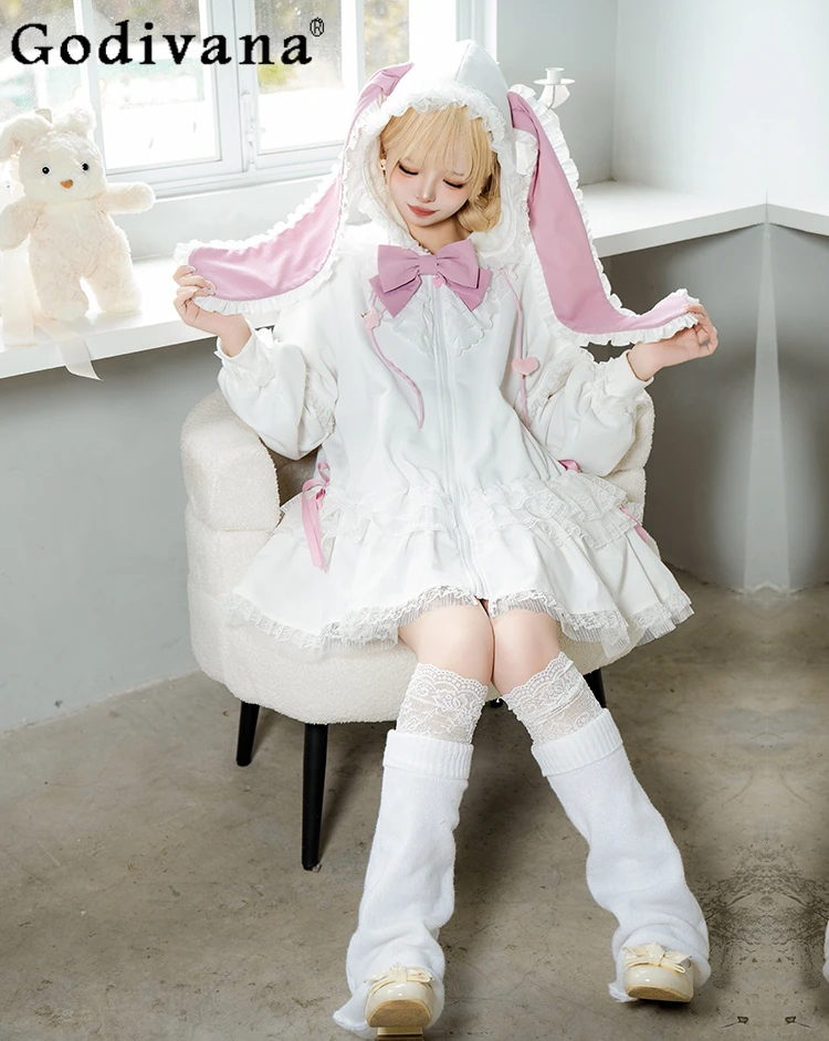 

Original Design Sweet Rabbit Ear Hooded Lolita Dress for Women 2D Bow Lace Splicing Detachable Long Sleeves Dress Autumn Winter