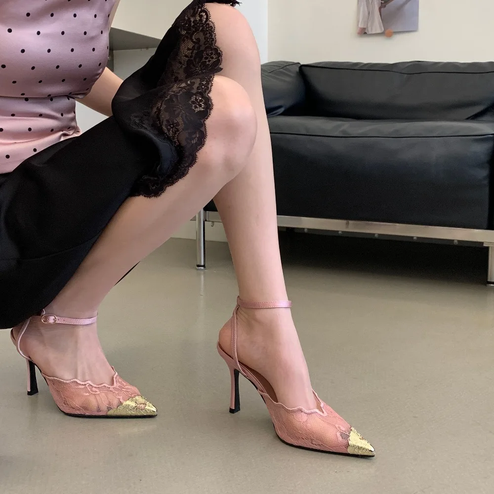 Aneikeh Elegant White Lace Slingback Stiletto Heels Pointed Toe Ankle Strap Buckle Sandals Wedding Party Ladies Dress Pumps