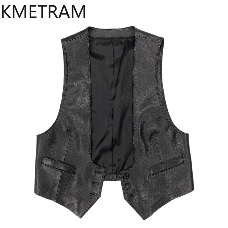 KMETRAM U-förmige Weste aus natürlichem Schaffell, kurz, neue Echtlederjacke, 2025, Herbstmäntel für Damen, Lederjacke Damen Ees Leder