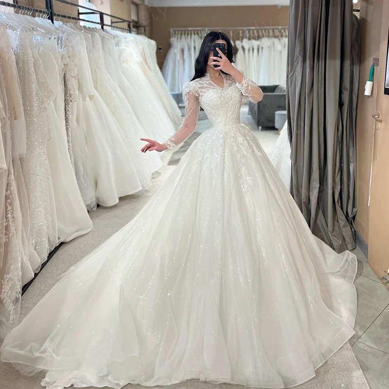 Elegant Wedding Dress Organza With Embroidery Sequins Ball Gown High-Neck V-Neck Full Sleeve Bridal Dress Robe De Mariee Button