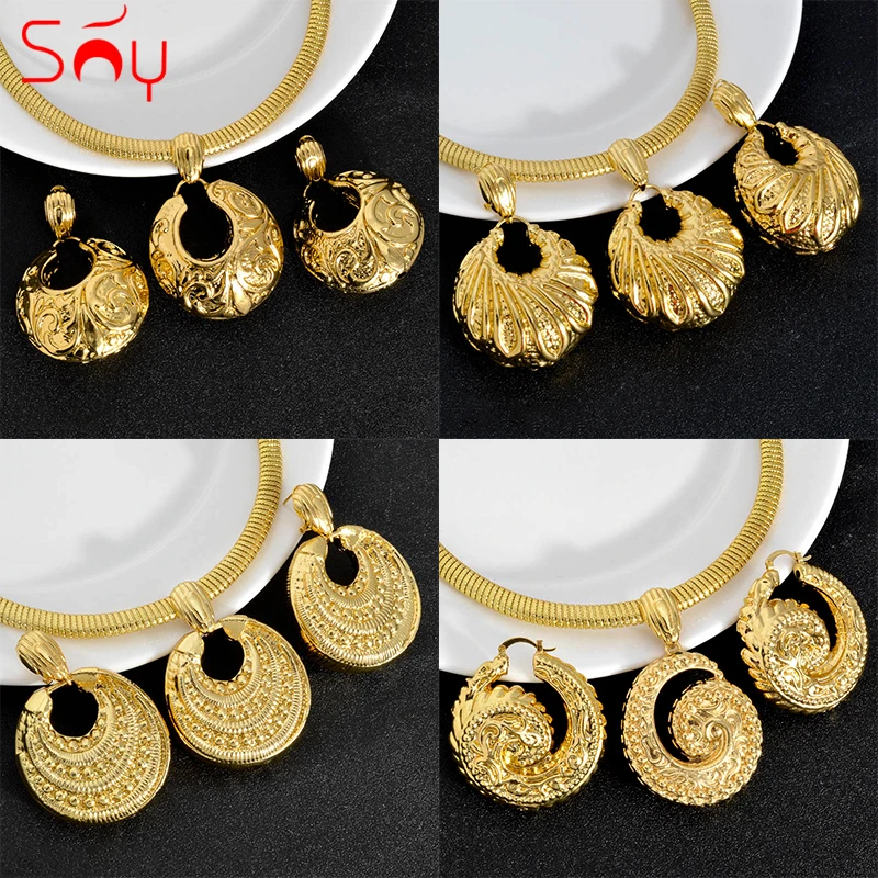 Sunny Jewelry Sets For Women Copper Pendent Necklace Earrings Dubai 18K Gold Plated Large Geometry Charm Gift for Wedding Party