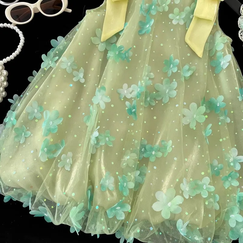 2025 الصيف الفتيات جديد فستان جنية صغيرة غزل عائم ثلاثي الأبعاد زهرة لطيف الشاش تنورة بلا أكمام تنورة الأميرة