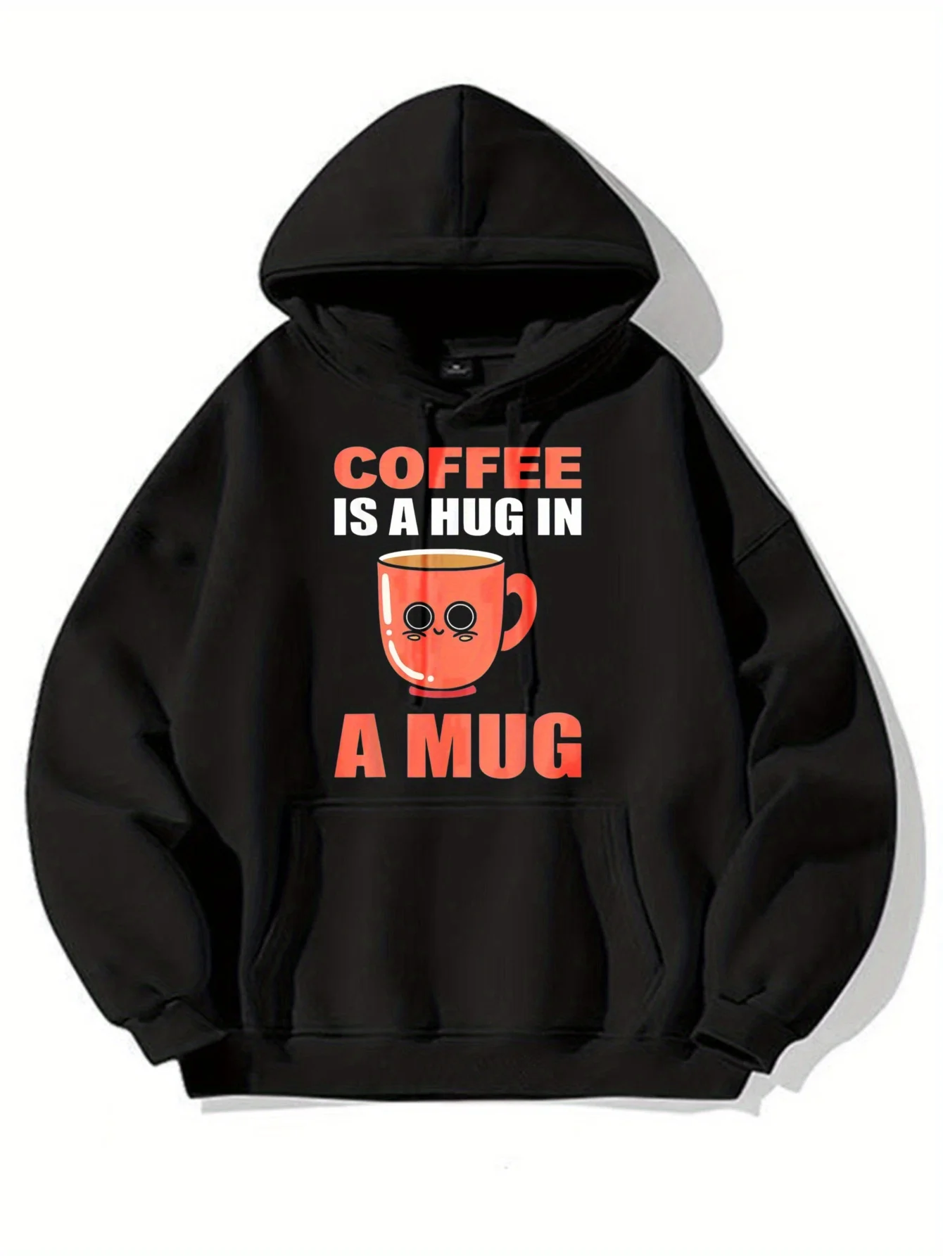 

Женская толстовка с капюшоном в кофейной тематике с милым принтом «кофе — это объятия в кружке», красная чашка с принтом улыбающихся глаз/облицев, уютный пуловер