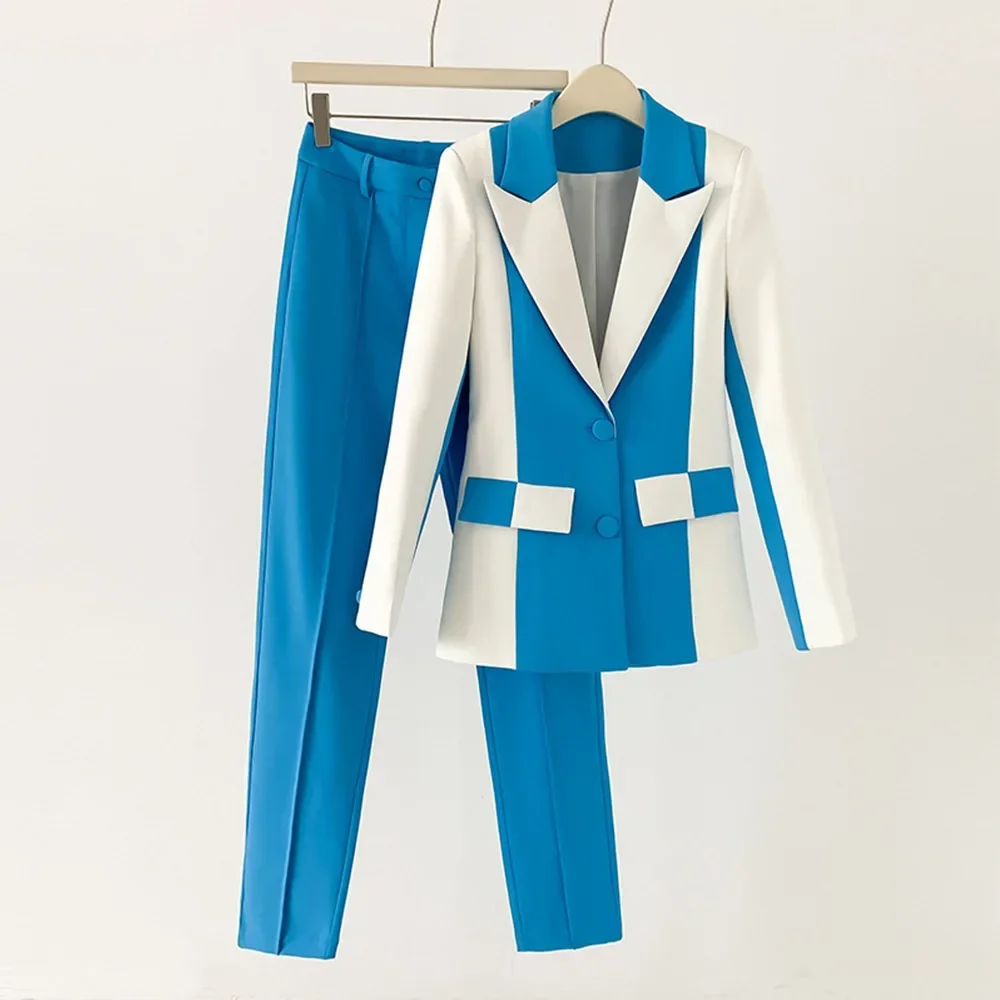 

Blue White Women Suit Set 2 Pcs Patchwork Color Jacket+Pants Spring Office Lady Daily Work Wear Cotton Coat Prom Dress Trousers