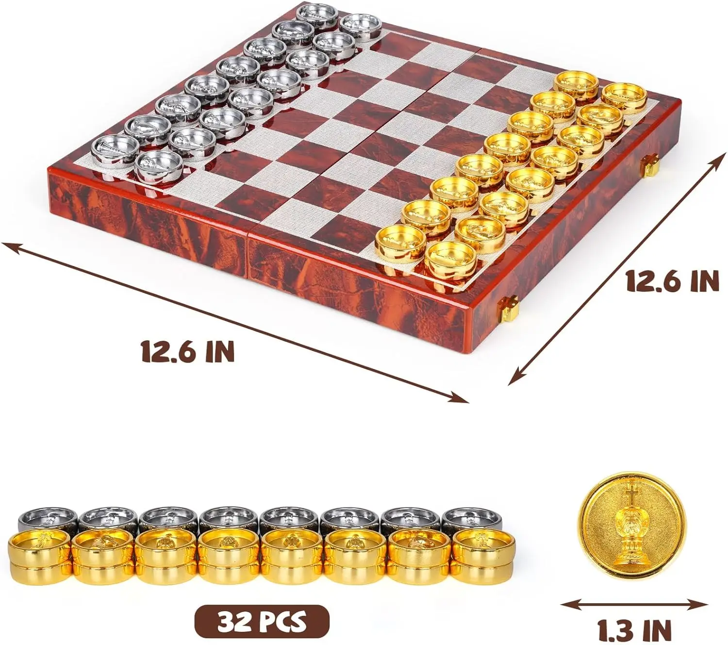Jeu d'échecs et de dames en métal 2 en 1 – Planche en bois pliable, jeu de voyage portable pour adultes et enfants