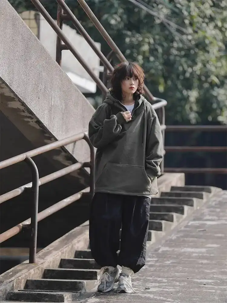 Japanese Retro Fleece Lined Hoodie Women's & Men's Loose Fit Thickened Pullover Autumn Winter American Style Hoodies