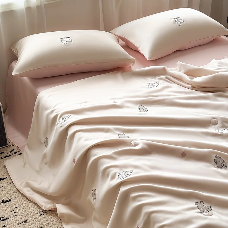

Ice Silk Cooling Summer Quilt Four-Piece Set Embroidered Air Conditioned Lightweight Comforter Bedding Set for Children