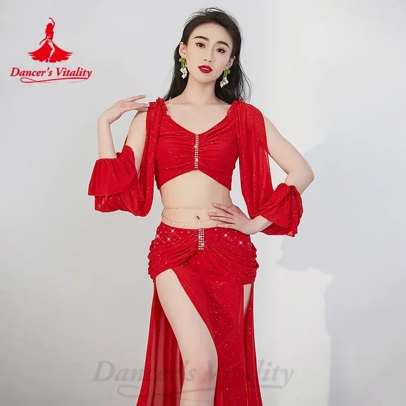 Traje de danza del vientre para mujer, Top de manga larga + falda, traje de entrenamiento de 2 uds, conjunto de actuación, traje de trupe de danza Oriental Sexy