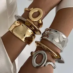 SHIXIN 2025 New Smooth Gold Color Silver Color Open Spring Bangles for Women Design Geometric Wide Cuff Bracelets Hand Jewelry