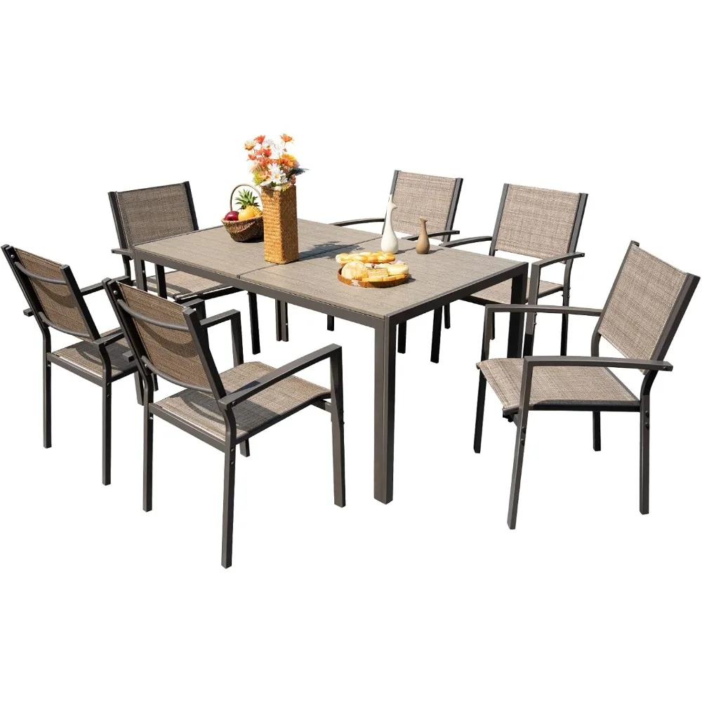 

Patio Dining Set 7 Piece Outdoor Furniture with Rectangular Table and 6 Stackable Chairs Family Conversation Set