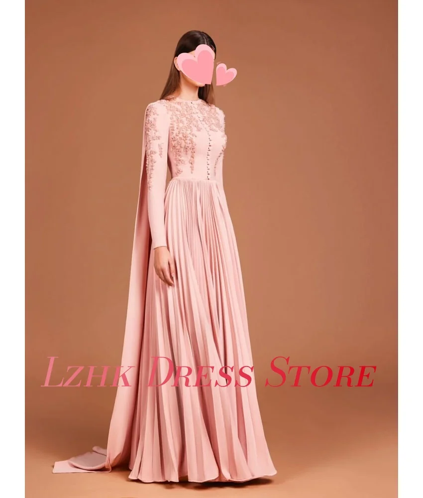 Maßgeschneidertes modernes Jersey-Abendkleid in A-Linie mit Applikationen, Knöpfen und Perlenstickerei, Temperament, lange Ärmel, bodenlange Ballkleider