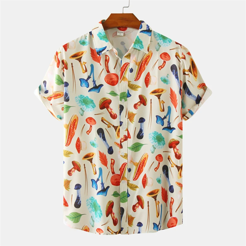 

Men's Designer Hawaii Shirts Short-sleeved Tops Summer Hawaiian Fashion Mushroom Print Travel Hiphop Casual Male Clothing Blouse