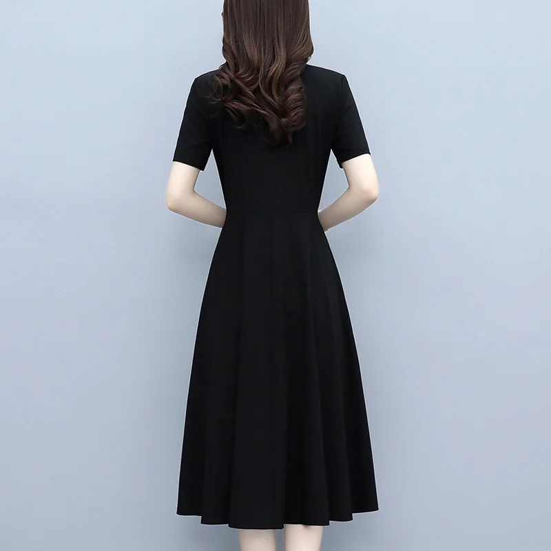 Elegant Cotton Polyester Dresses For Women Summer Female Suit Collar Short Sleeve Large Size 5XL Black A Line Mid-length Vestido