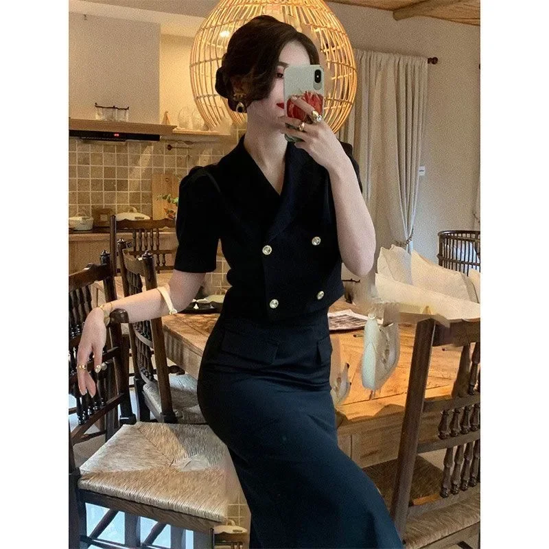 French Temperament Suit Jacket Fish Tail Skirt Two-piece Set Women Double Breasted Lapel Sweet Fashion Solid Slim Summer Set New