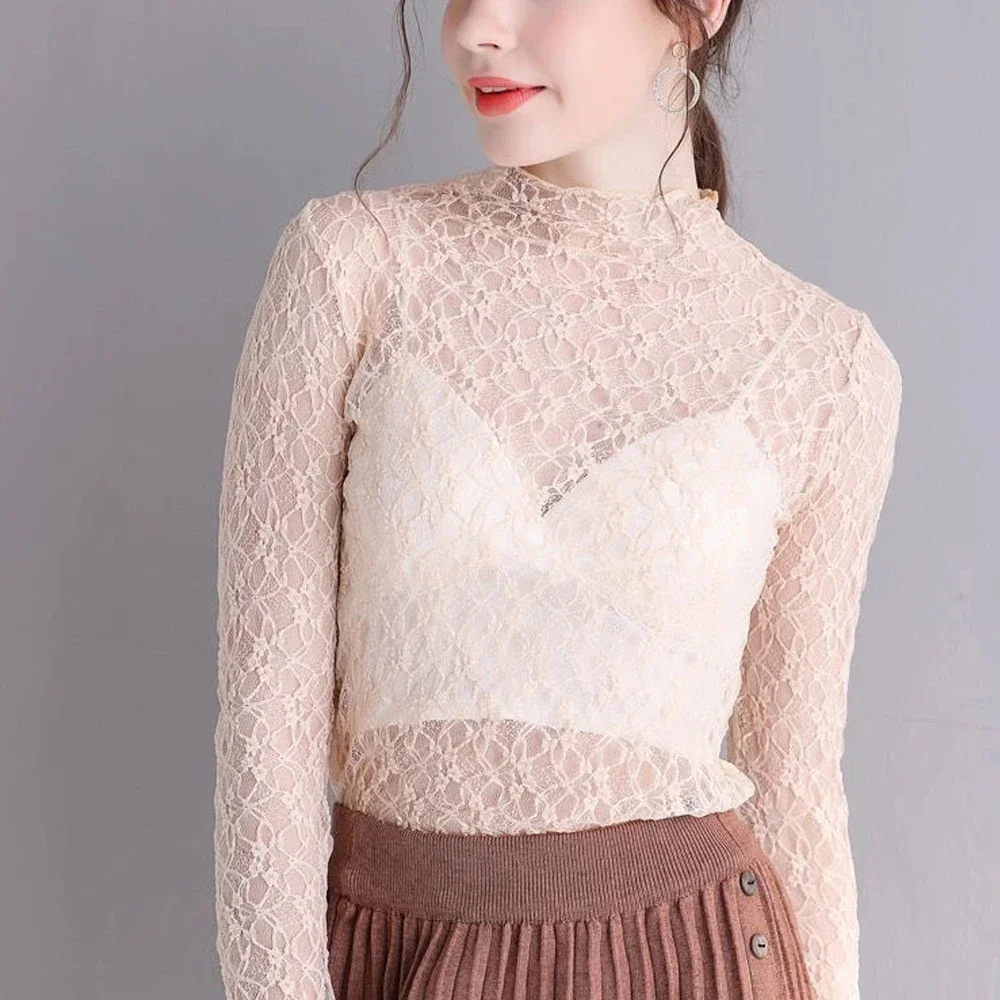 

Elastic Flower Lace T Shirt Girls Stretch See Through Shirt O Neck Long Sleeve S-XL Top Women Black White Apricot Ladies Blouses