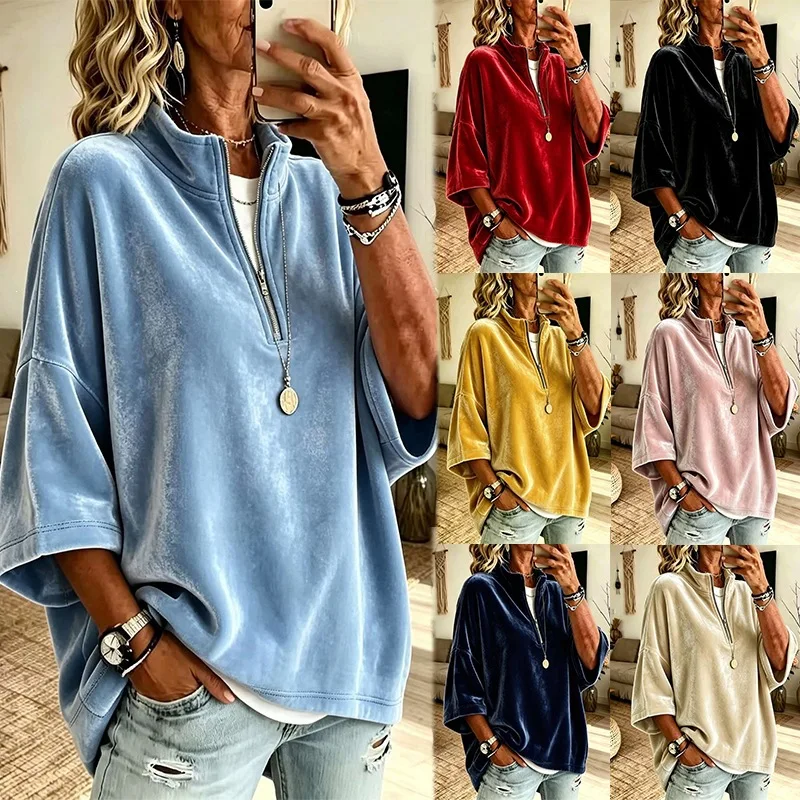 Autumn Winter Velvet Solid Half Zip Sweatshirts Stand Collar 3/4 Sleeve Loose Casual Pullover Tops Women Vacation Daily Hoodie