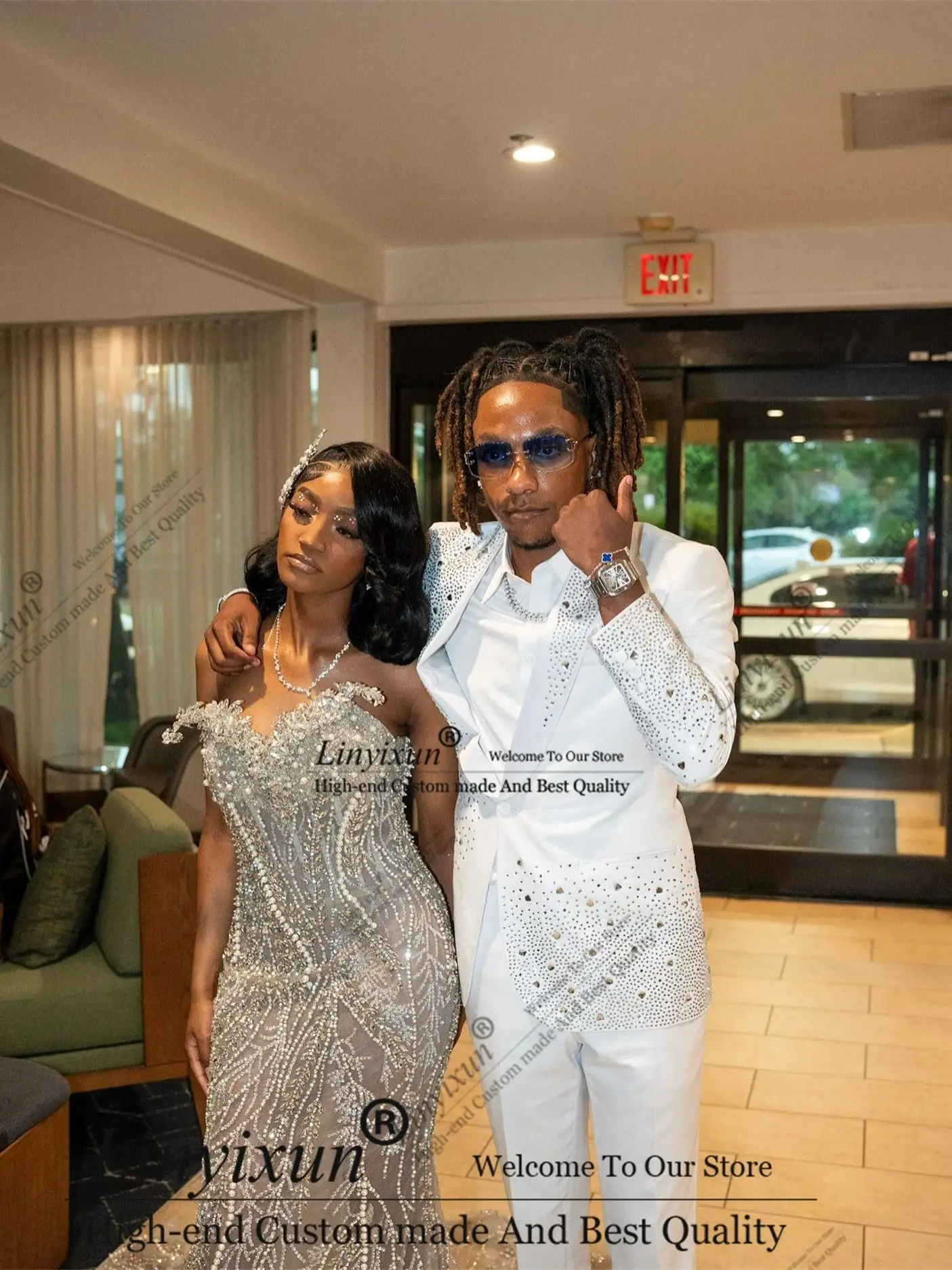 

Shiny Jewel Rhinestones Men Suits 2 Piece Sets Wedding Groom Tuxedo Slim Male Prom Blazers Customized Outfits Costume Homme