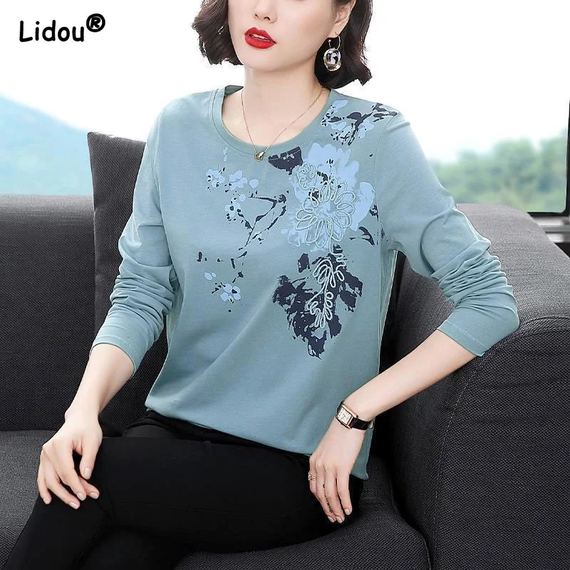 

Embroidery Pure Cotton Long Sleeve O-Neck Floral Pattern Printing T-Shirts O-Neck Leisure Spring Summer Loose Women's Clothing