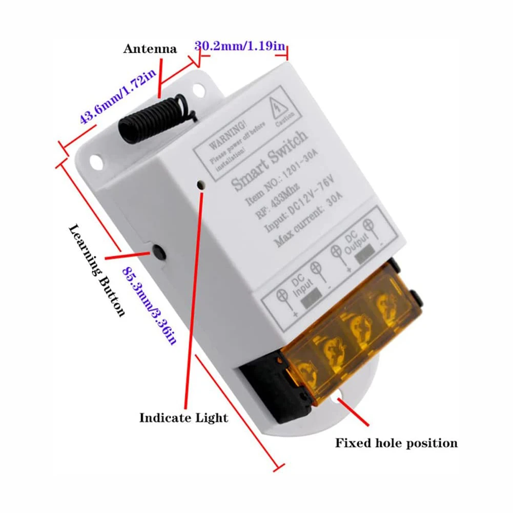 Universal DC 12V 24V 76V 30A Remote Relay 433Mhz Remote Control Wireless Switch On Off Used for Smart home appliances/Light