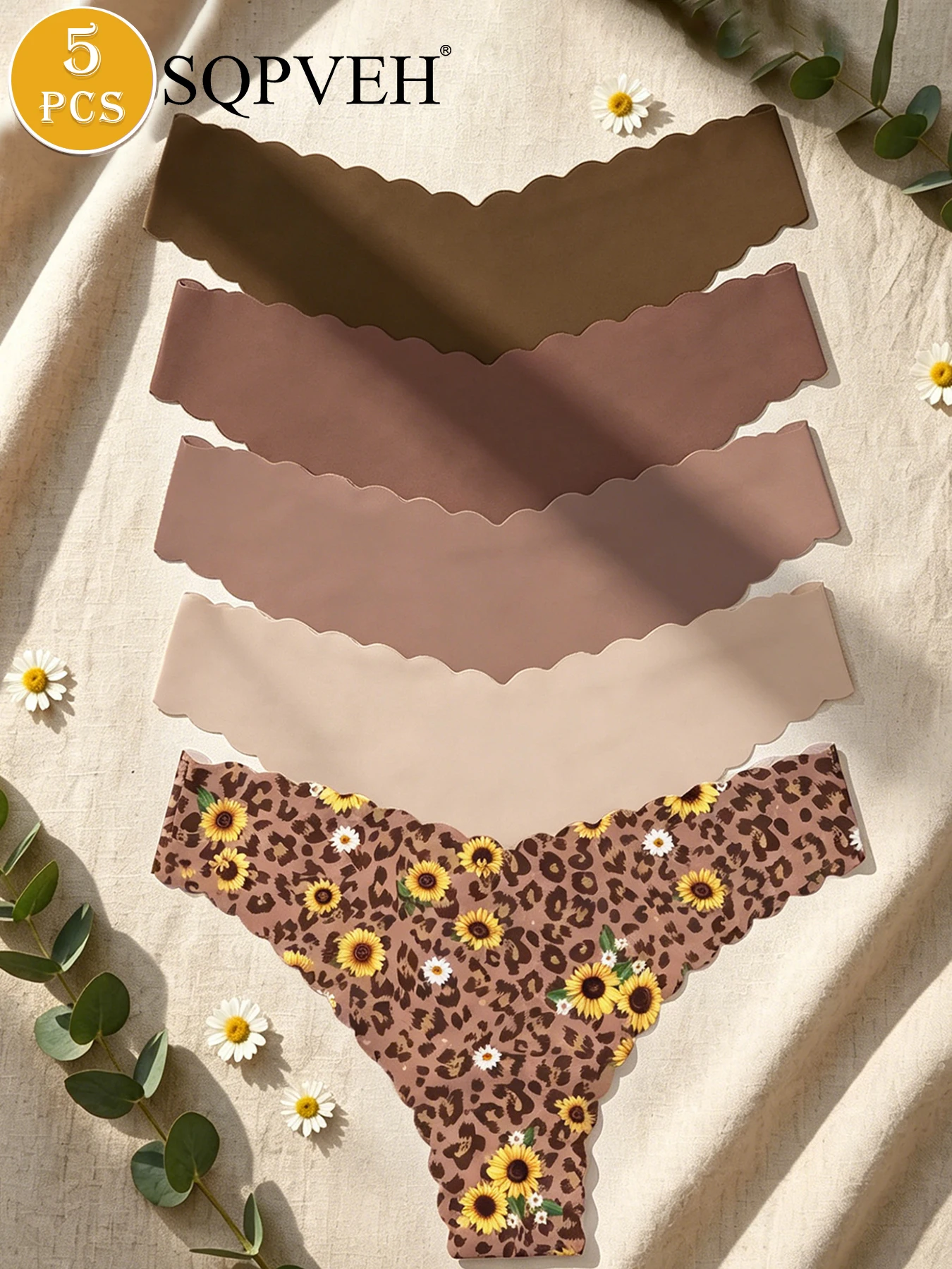 Lot de 5 strings à taille en V festonnée, motifs tournesol et léopard, sans couture, invisibles, doux et respirants, sous-vêtements quotidiens pour femmes