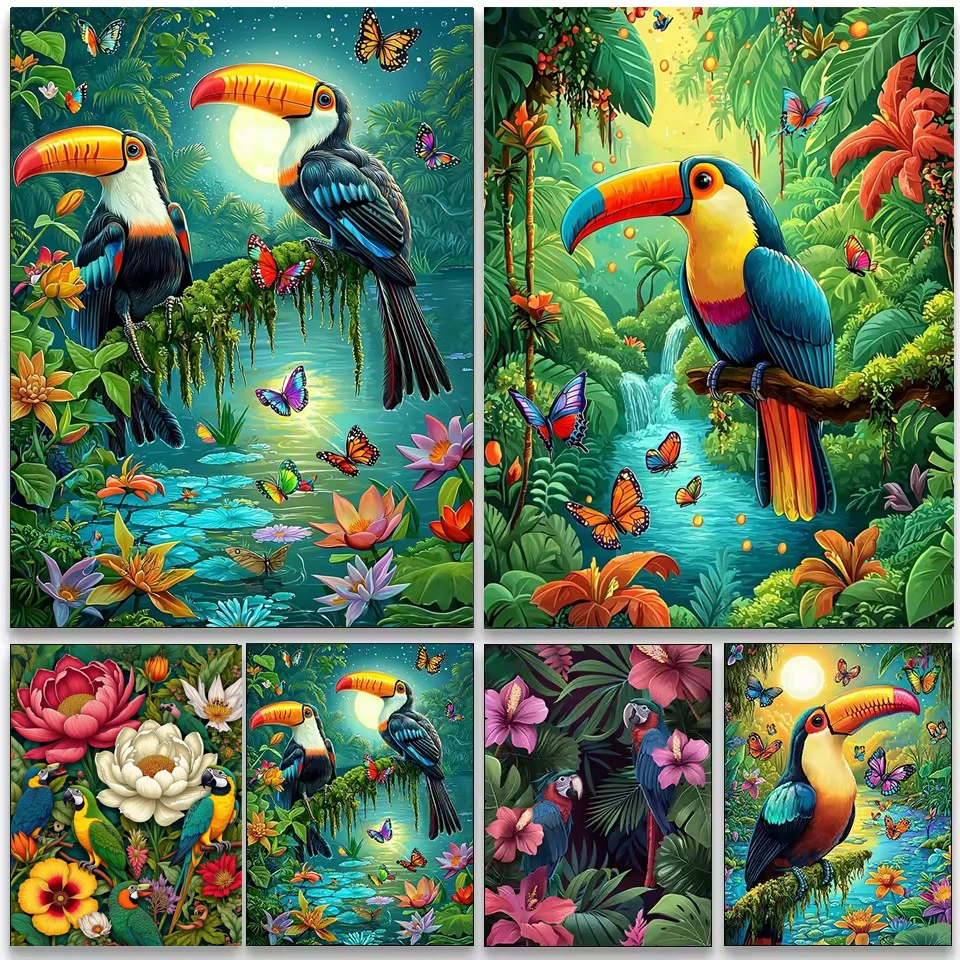 Recién llegados pintura de diamante loro, tucán y flor de la selva mosaico redondo cuadrado completo arte decoración de pared Kit de artesanía venta