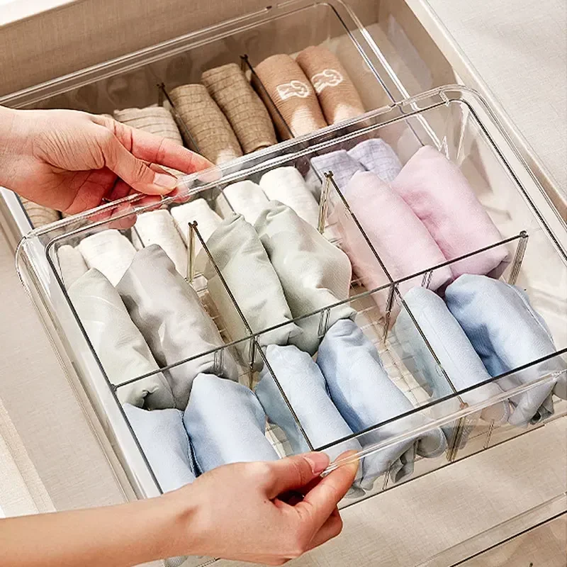 Clear Acrylic Underwear Drawer Organizer Box 6/8/1 Grids Compartment Divided Closet Storage Bin Stackable Shelf for Socks