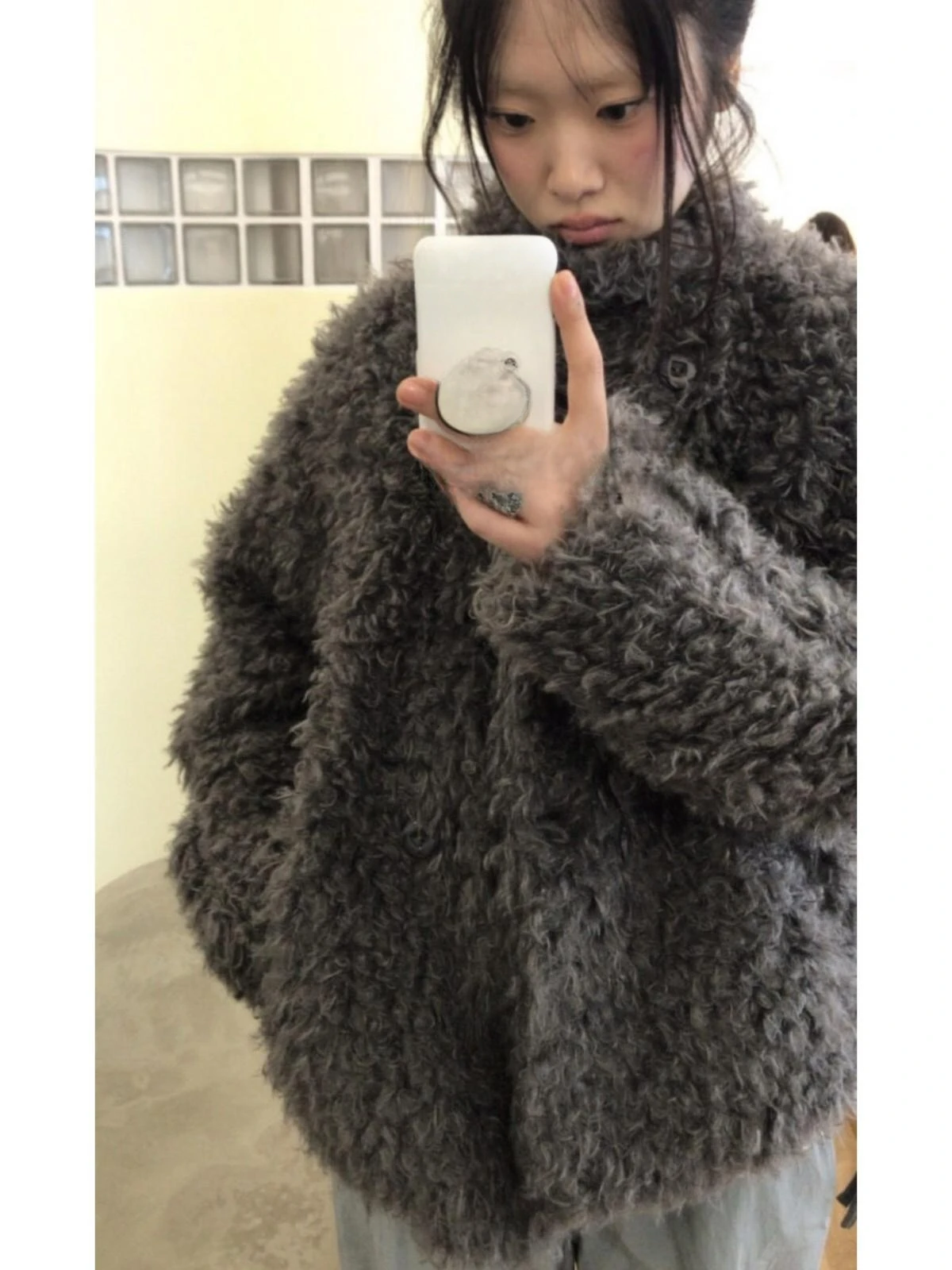 KUSAHIKI Autumn Winter Plush Faux Fur Stand Up Collar Double Breasted Fashion Warm Lambhair Jacket for Women