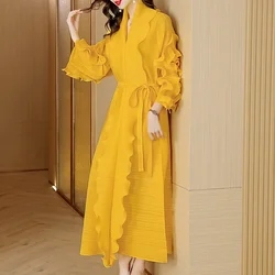 2023 New Joker Casual Dress Women Clothing Miyake Pleated Long-Sleeved Ruffled High-Elastic Boutique Autumn Evening Dresses