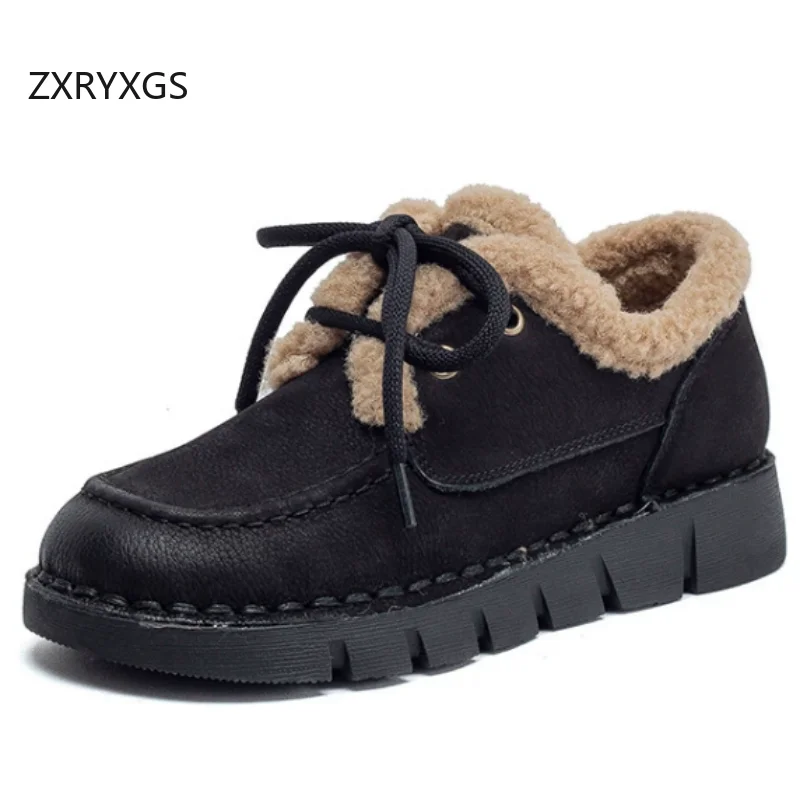 

ZXRYXGS 2025/Новые зимние женские зимние туфли премиум-класса из воловьей кожи с плюшевыми зимними туфлями на плоской подошве, сшитые вручную, удобные предупреждающие кроссовки, повседневная хлопковая обувь