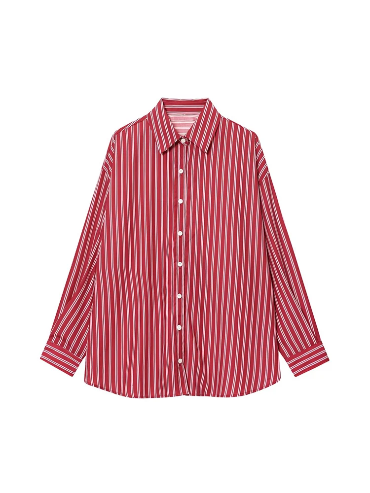 قميص نسائي فضفاض مخطط بأكمام طويلة وياقة أنيقة ومتعددة الاستخدامات على الطراز الأوروبي #1