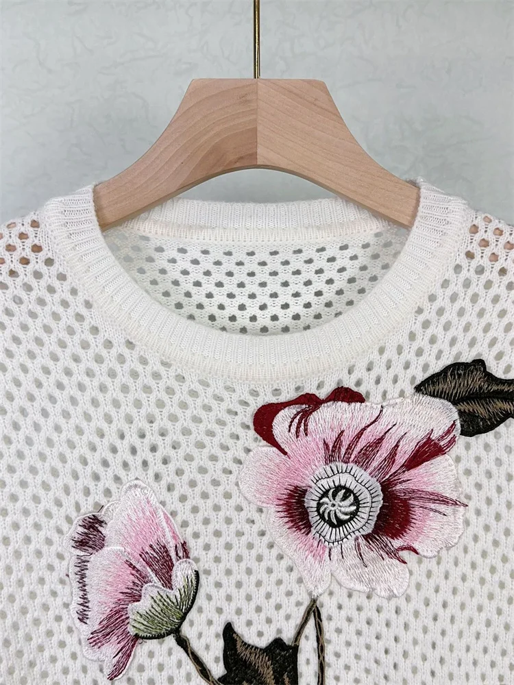 Embroidery Flowers Ladies O-Neck Knitwear Pullover Tops Women's Knitted Texture Hollow Out Sweater Early Autumn Versatile