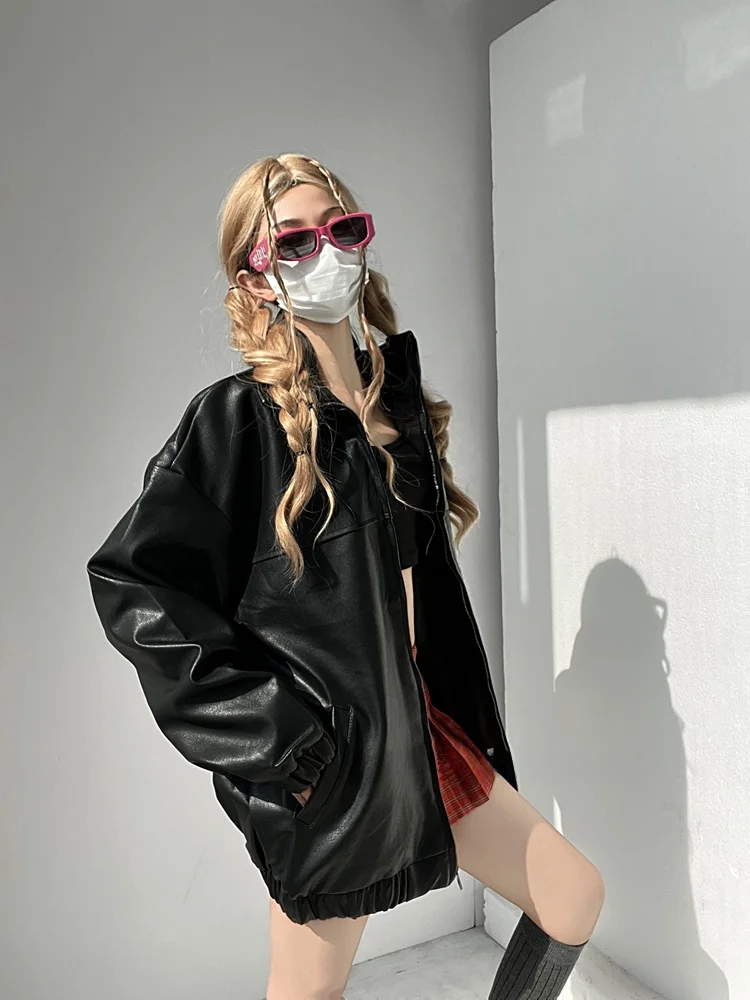 Bla American Retro Motorcycle Jaet المرأة الخريف الشتاء بولي معطف معطف جلد Sli الشارع الشهير معطف طويل بياقة Sve #3