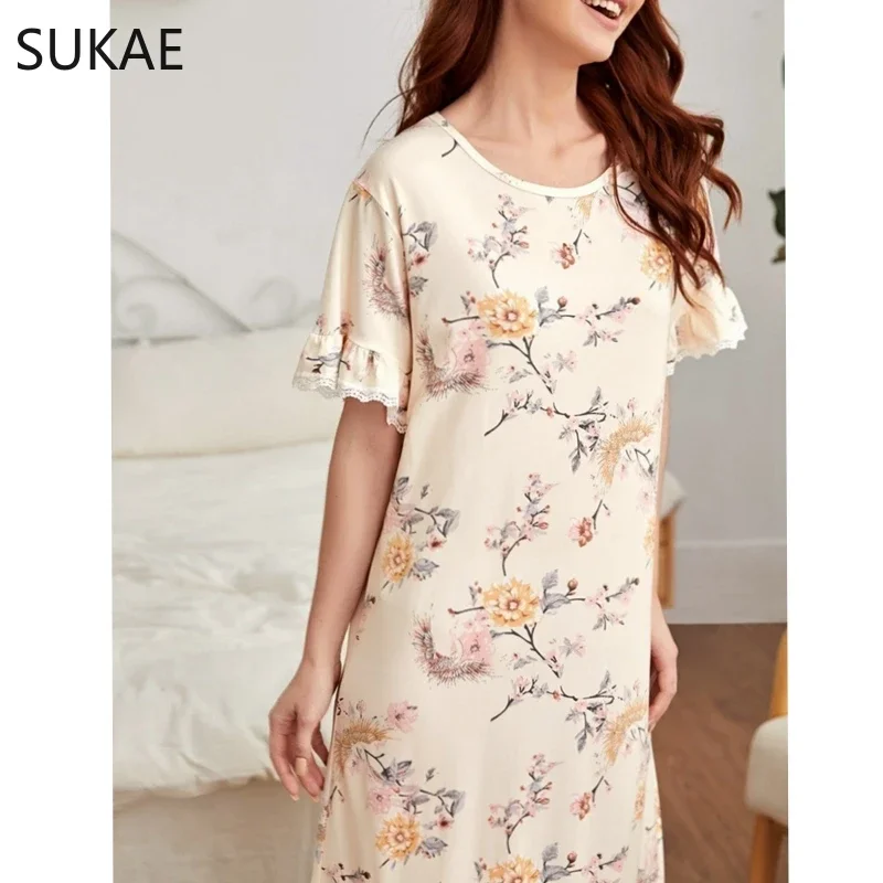 Floral Vintage Court Style Beige Flower Women Nightgown Summer Milk Silk Long Sleepshirt Homedress Elegant Dress Chic Nightdress