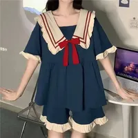 Plus Size Pajamas Sweet Women's Homewear Doll Neck Girl's Pajamas Kawaii Dress Solid Color Short Sleeve Shorts 2PCS/Set Student