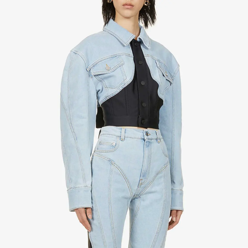 

Женский джинсовый топ, тонкая короткая верхняя одежда, однобортный, с лацканами, контрастные цвета, нишевый дизайн, новый летний стиль